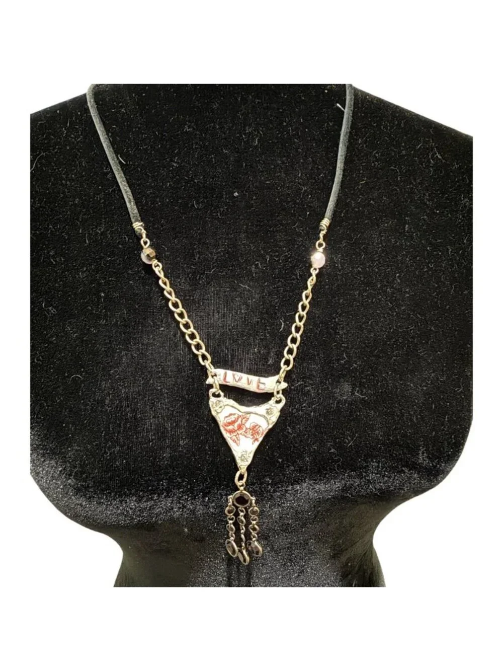 Repurposed Porcelain Love Banner Necklace - Vintage Garnet Tassel - Silver Chain